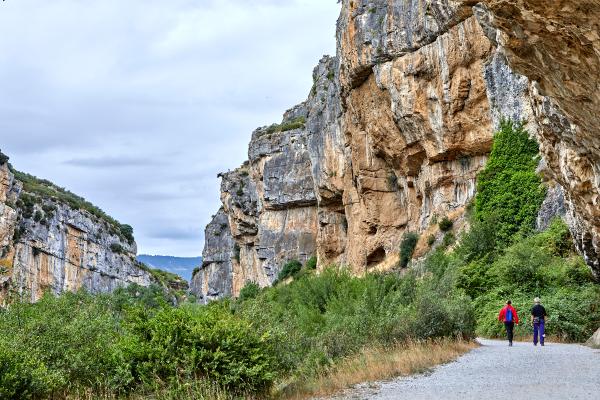 Two people from behind walking through the Foz de Lumbier